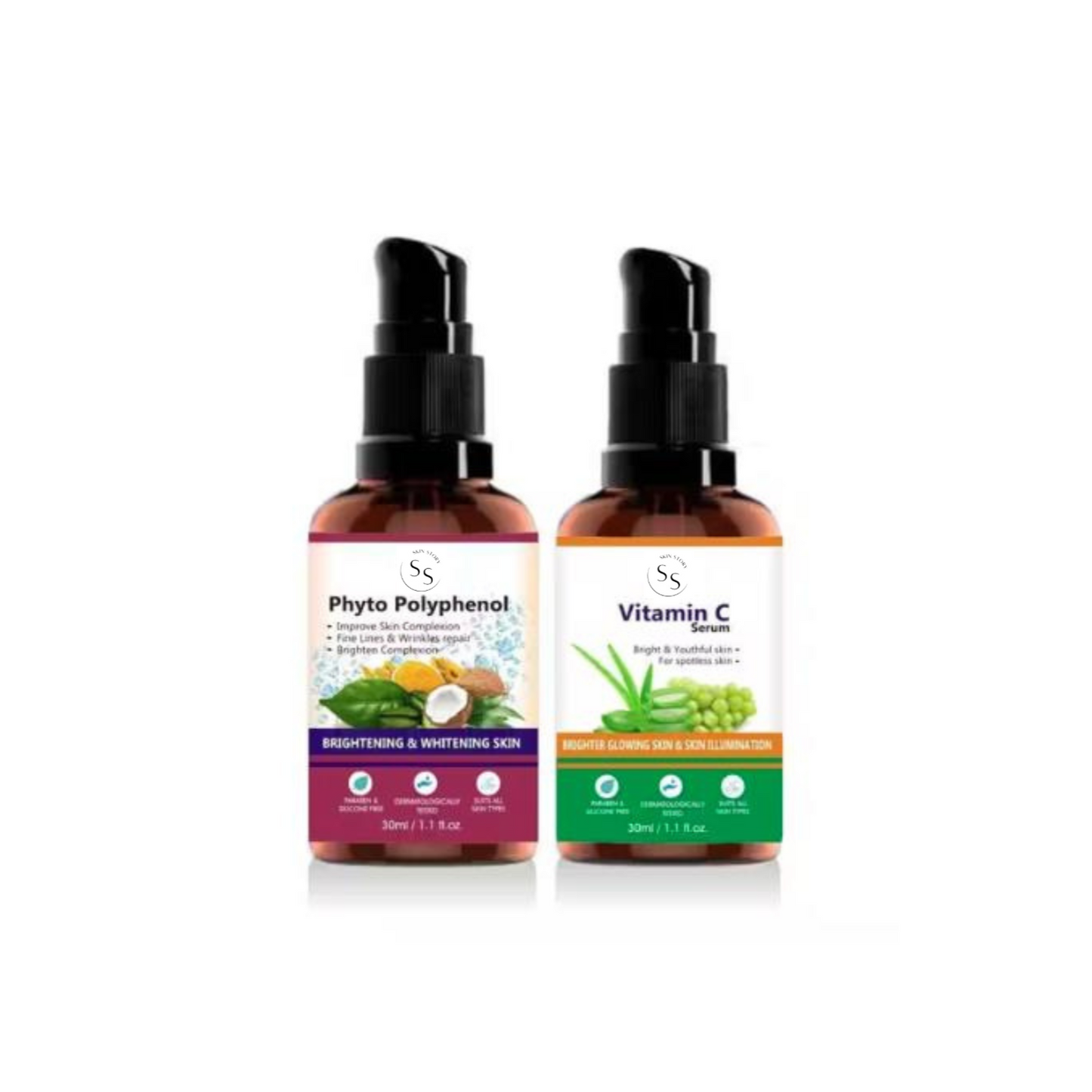 Vitamin C & Phyto Serum for Face Lightning & Glowing Skin Anti-Ageing & Spotless Clear Skin Reduce Dark Spots/Acne/Fine Lines/Wrinkles/Oily Skin with Herbs/Fruits & 9 Natural Extracts Day+Night Serum Protect Sun Damages(30 ml Each, Pack of 2)