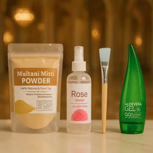 Mitti Powder 100% Natural for Skin (200g), Rose Water (120ml), Brush & Aloe Vera Gel face pack